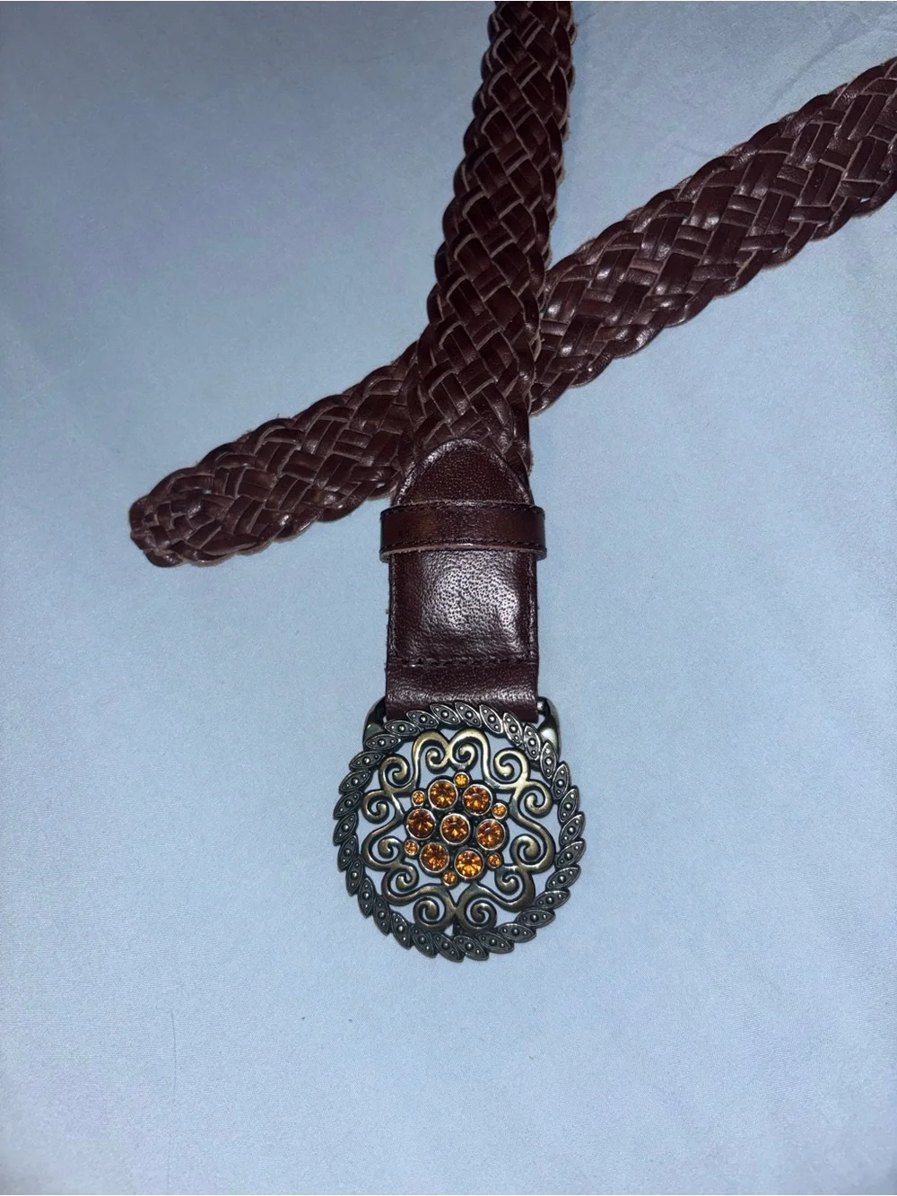Genuine Leather Braided Belt Brown Western Boho Ornate Buckle M/L 43”